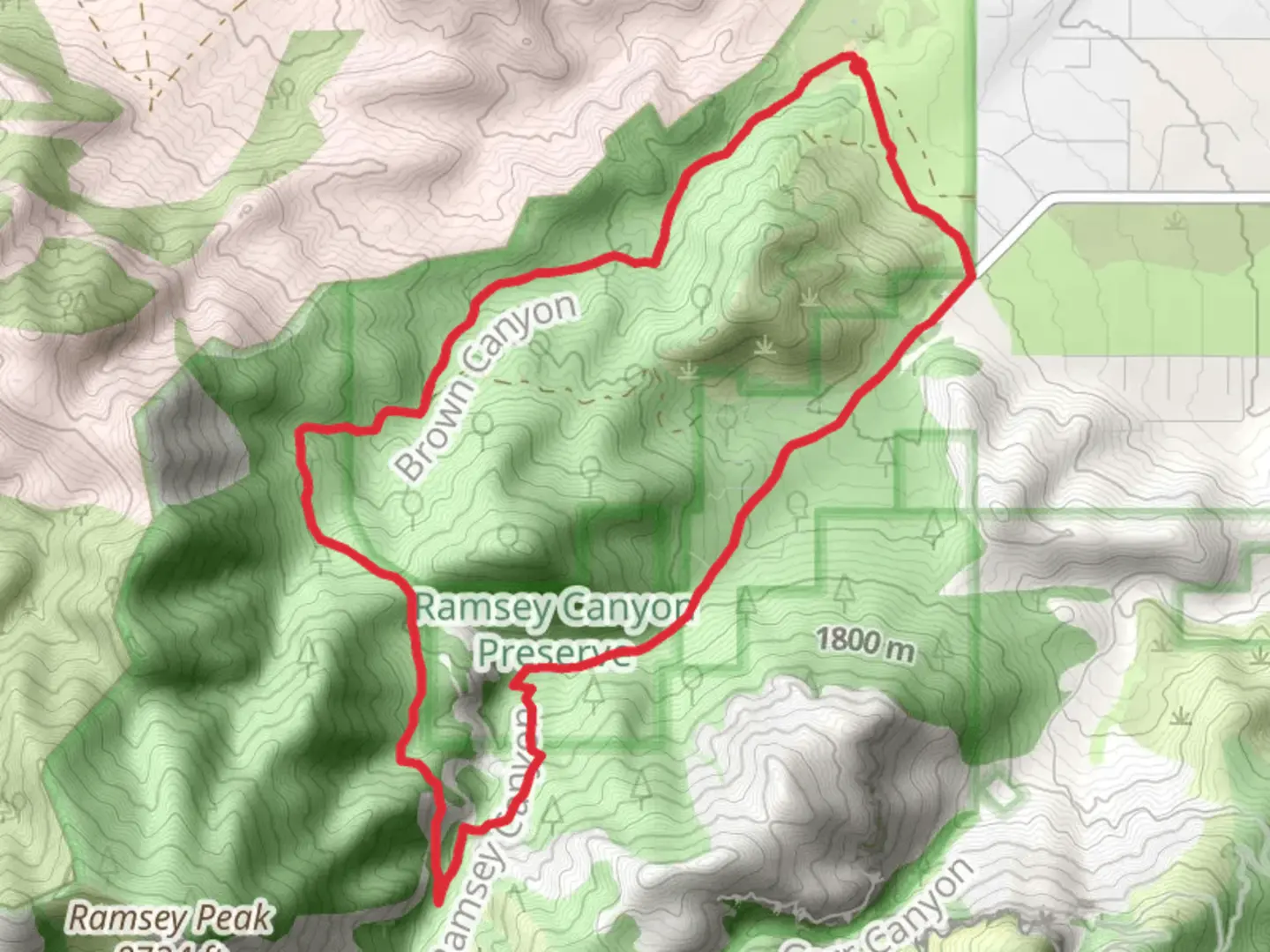 An image depicting the trail Brown Canyon and Ramsey Canyon Loop and its surrounding area.