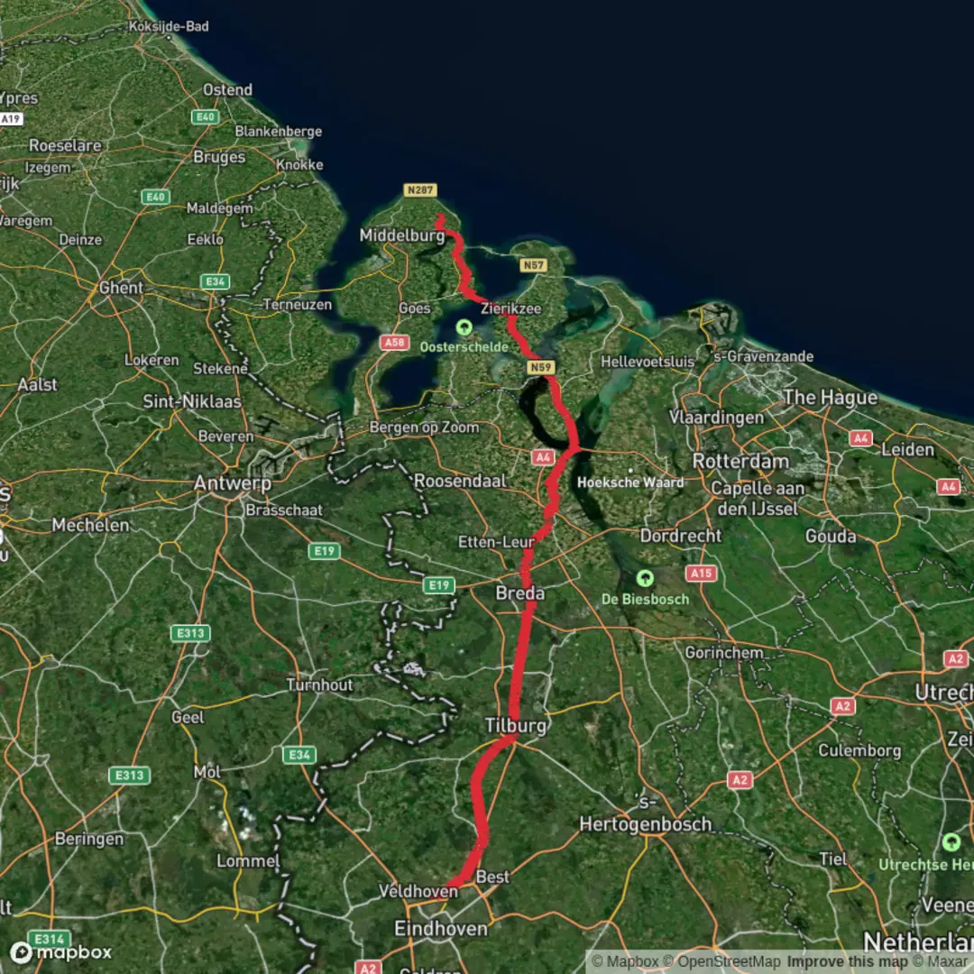 An image depicting the trail Veldhoven to Oostkapelle via Welschappad, Eindhovensedijk, Kanaaldijk Zuid and Bresaseweg and its surrounding area.