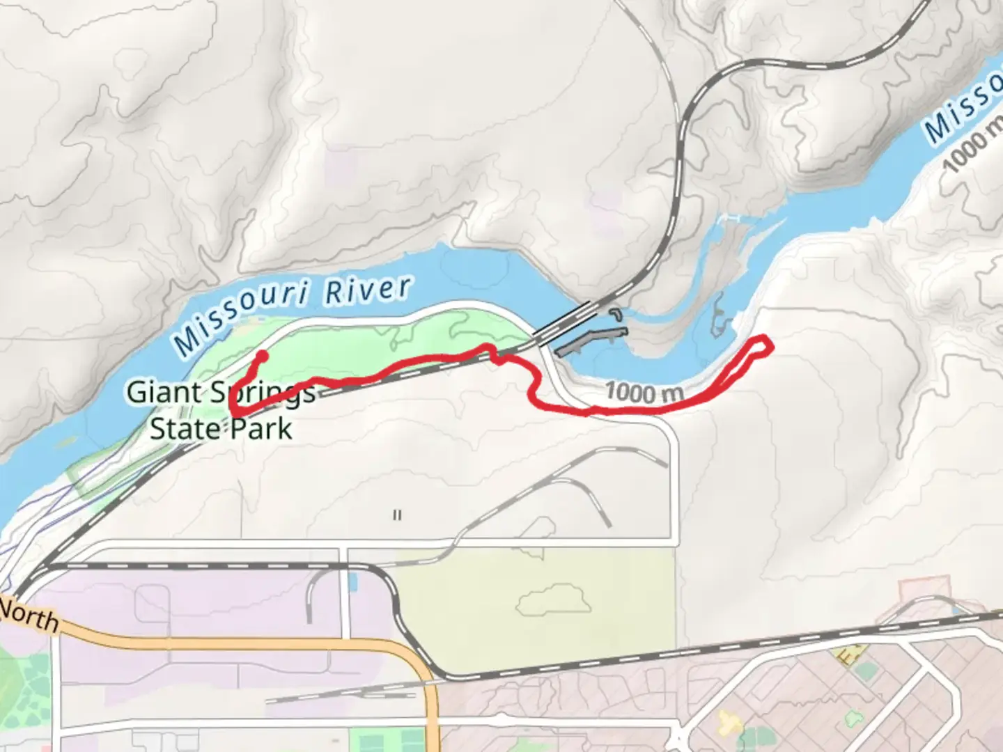 An image depicting the trail Giant Springs State Park - Rivers Edge Trail and its surrounding area.