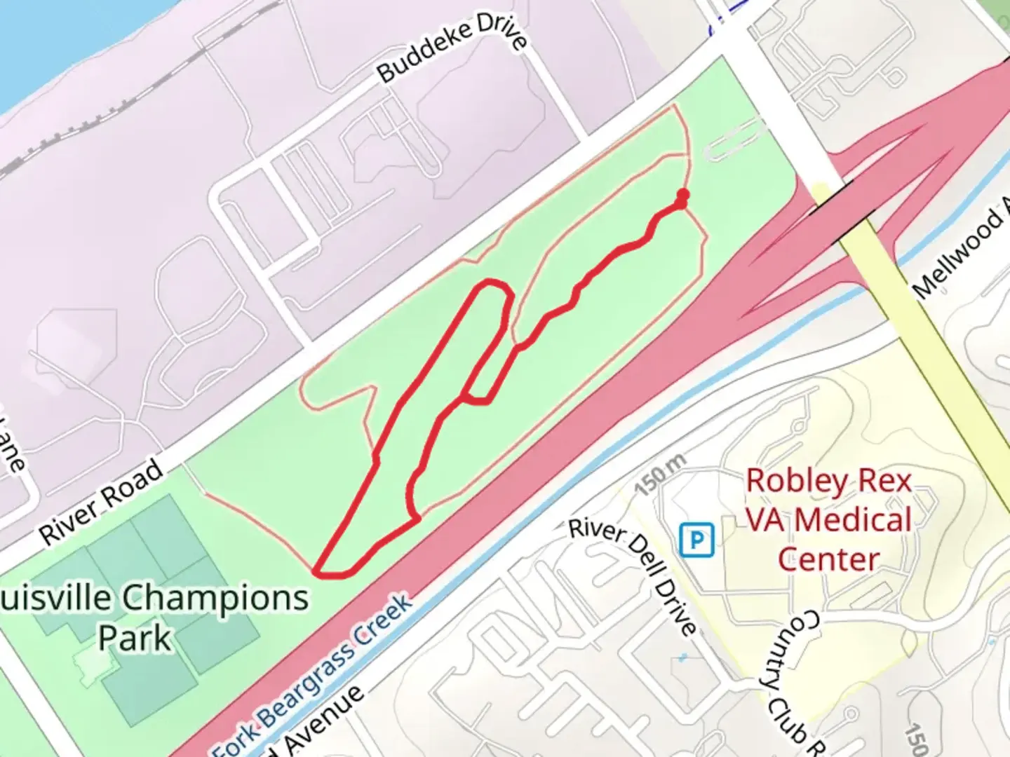 An image depicting the trail Louisville's Champion Dog Park Path and its surrounding area.