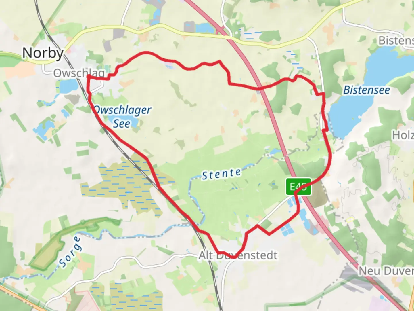 An image depicting the trail Owschlag Loop via Bistensee and its surrounding area.
