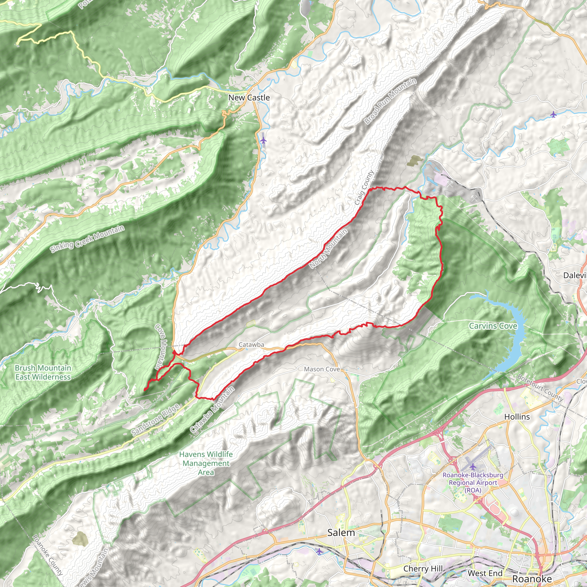 Dragon's Tooth, Cove Mountain, Lost Spectacles Gap and Appalachian Loop Trail mobile static map