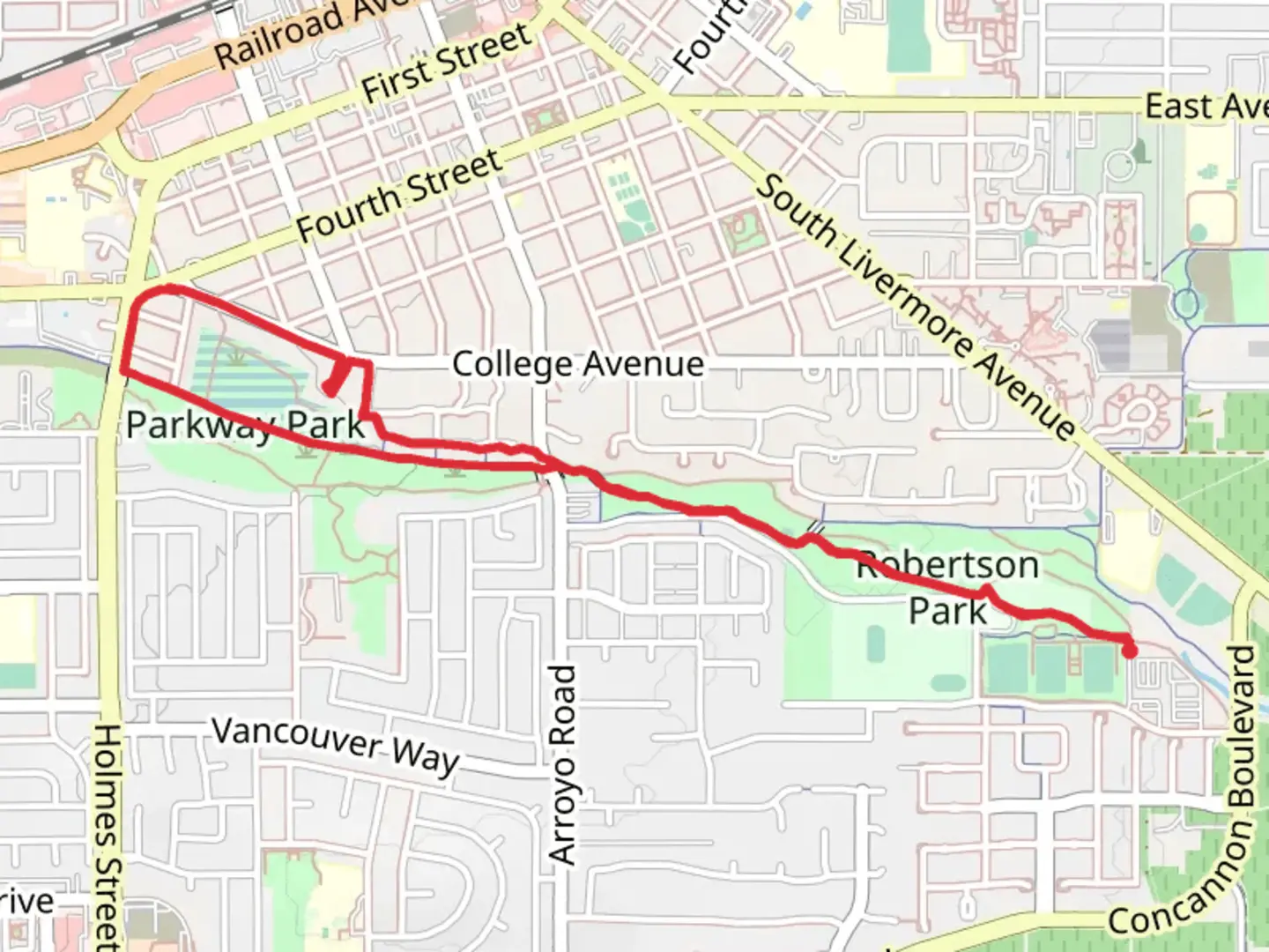 An image depicting the trail Arroyo Mocho Trail and Parkway Park Loop and its surrounding area.