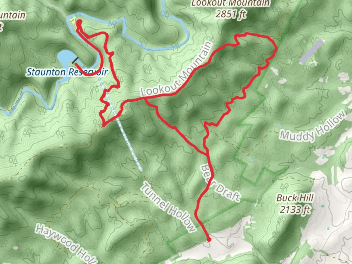 An image depicting the trail Stribling Springs, Staunton Dam and Wild Oak Loop Trail and its surrounding area.
