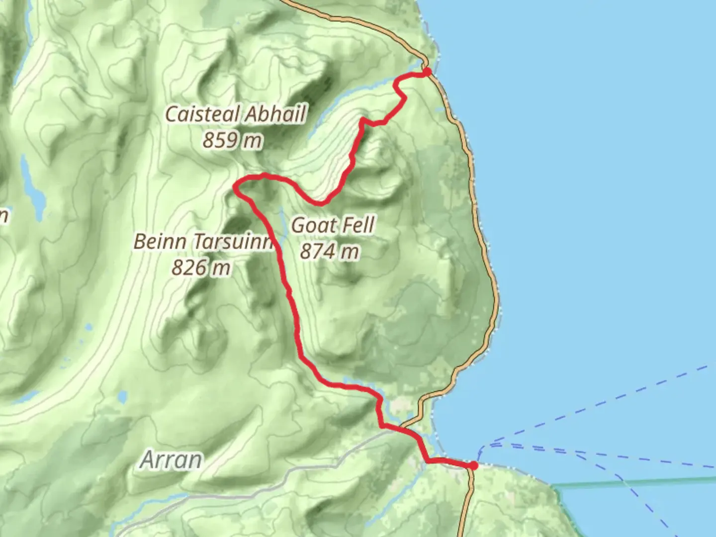 An image depicting the trail SANNOX-BASTION-NORTH GOATFELL-CIR MHOR-GLEN ROSA-BRODICK. and its surrounding area.
