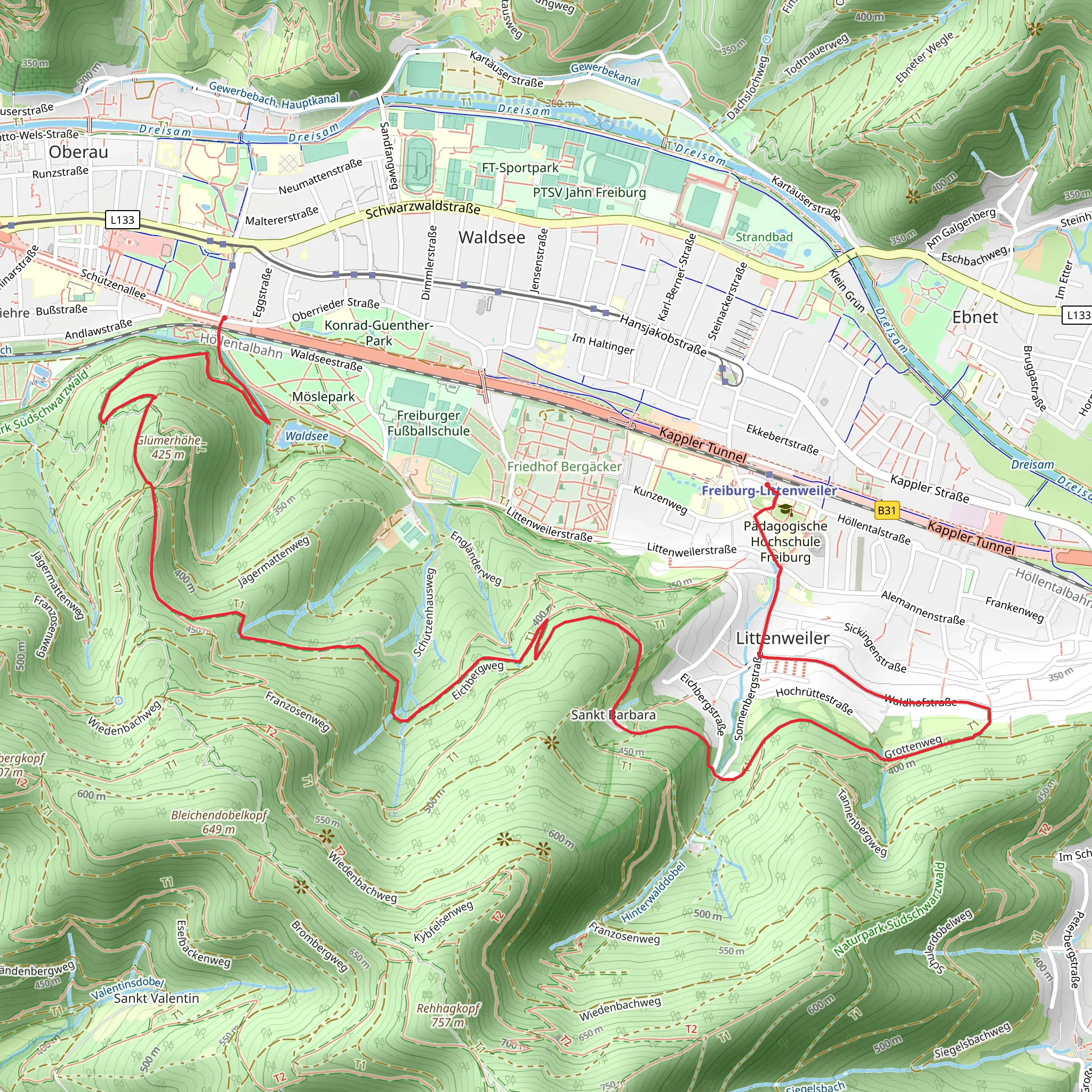Freiburg Littenweiler to Stadthalle via Sagemaennleweg mobile static map