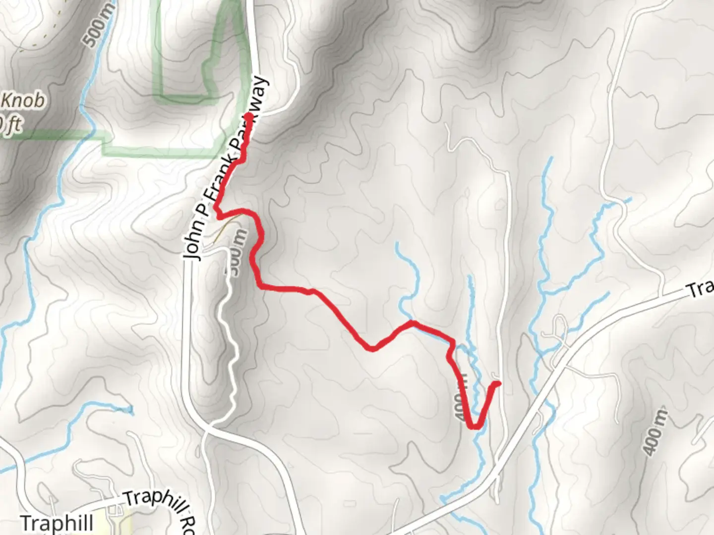 An image depicting the trail Mountains-to-Sea Trail from John P Frank Parkway and its surrounding area.