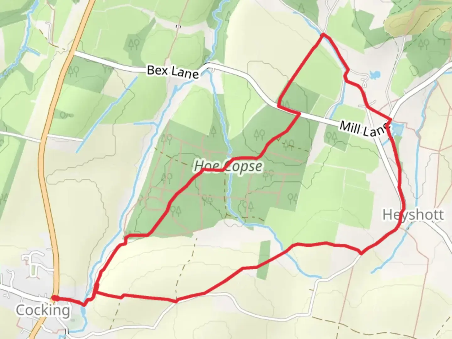 An image depicting the trail Hoe Copse and Hampshire Copse Loop and its surrounding area.