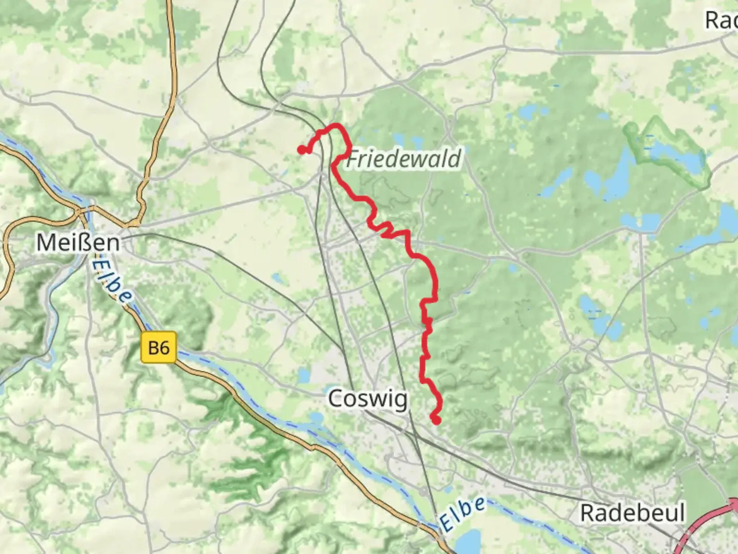 An image depicting the trail Zitzschewig to Oberau via G Weg and Hoehenweg and its surrounding area.