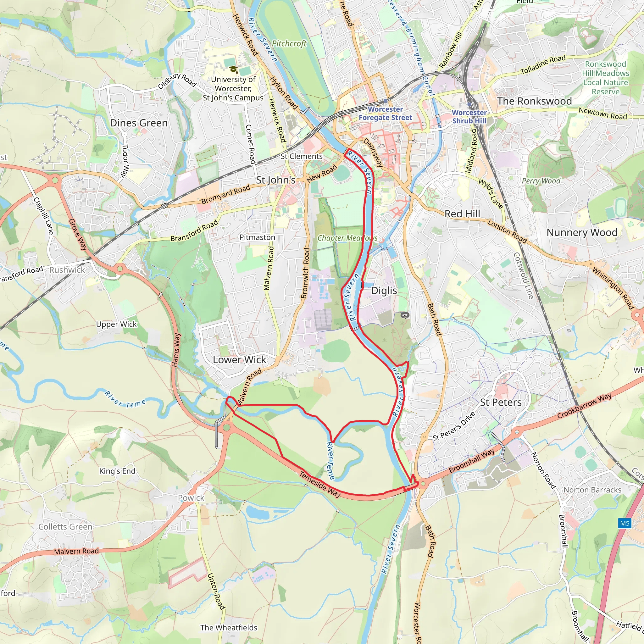 Two Rivers Walk to Powick and Worcester mobile static map