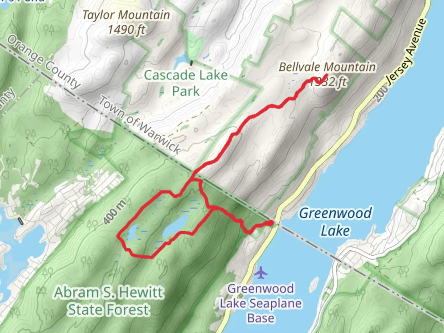 An image depicting the trail Surprise Lake and Bellvale Mountain via Ernest Walter Trail and State Line Trail and its surrounding area.