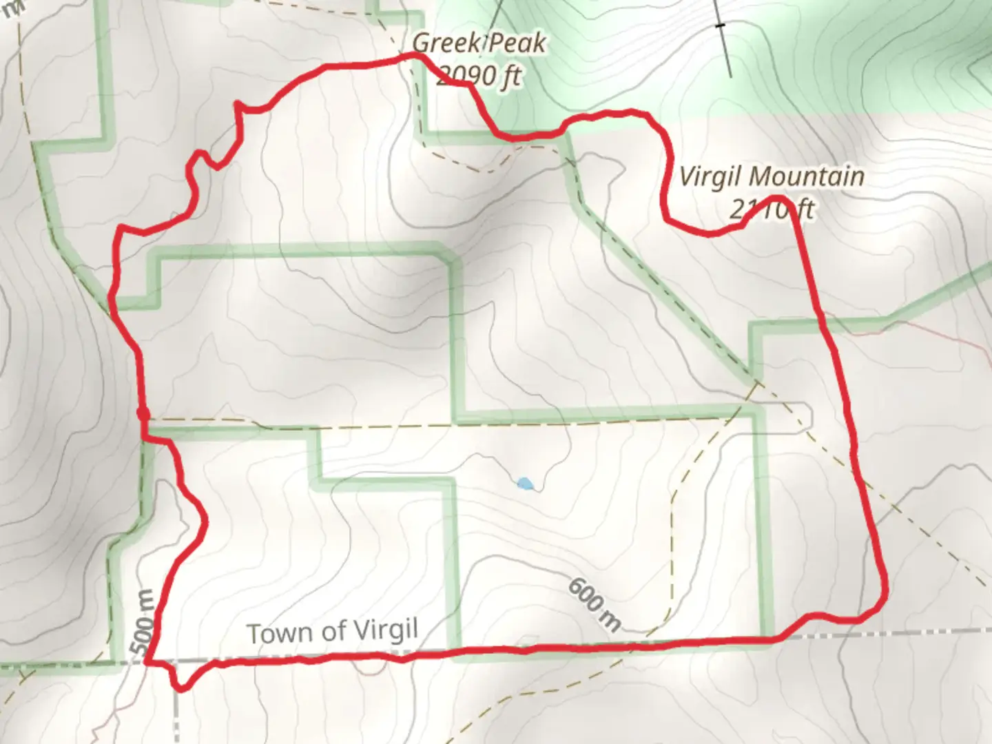 An image depicting the trail Virgil Mountain and its surrounding area.