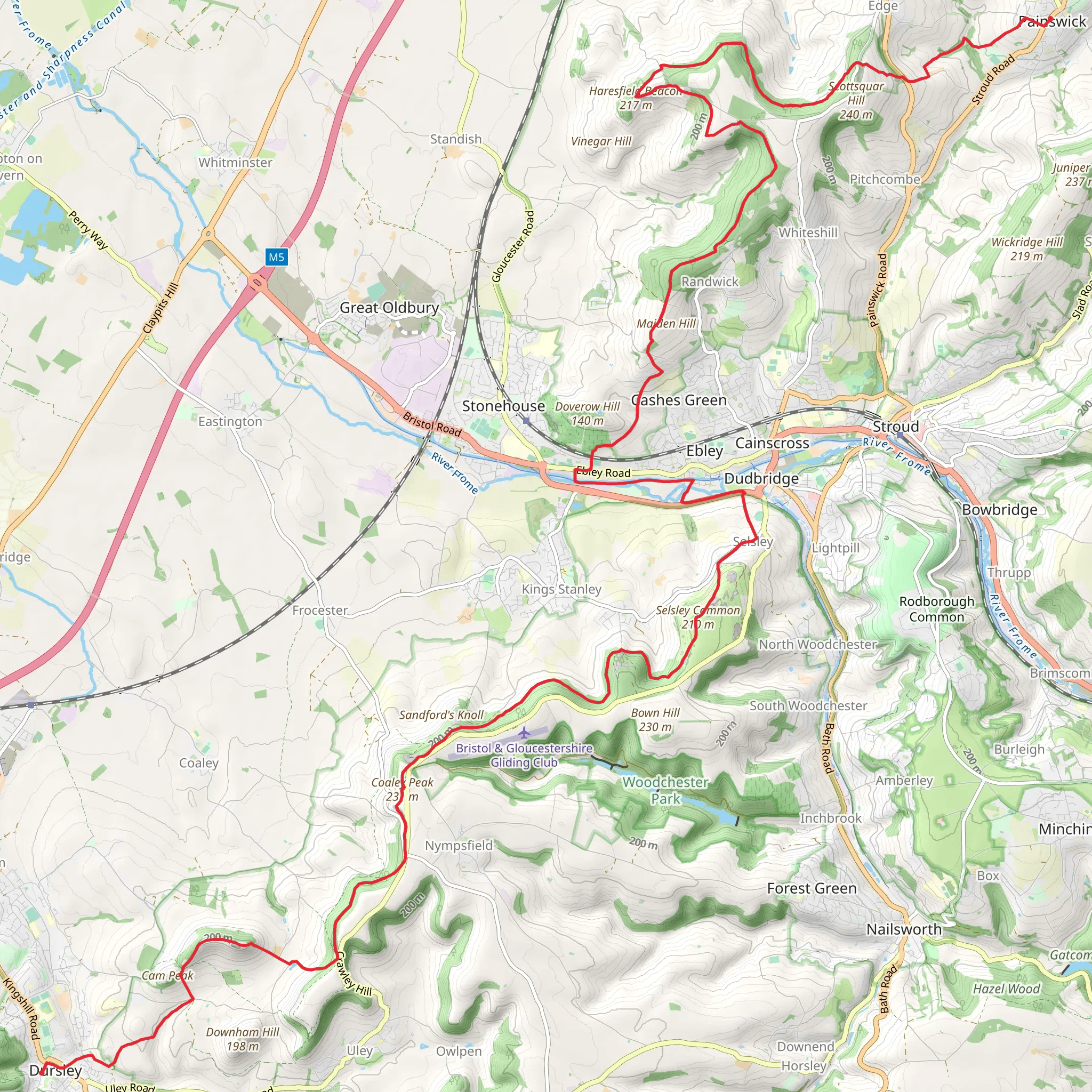 Haresfield Beacon and Standish Wood and Coaley Peak via Cotswold Way mobile static map