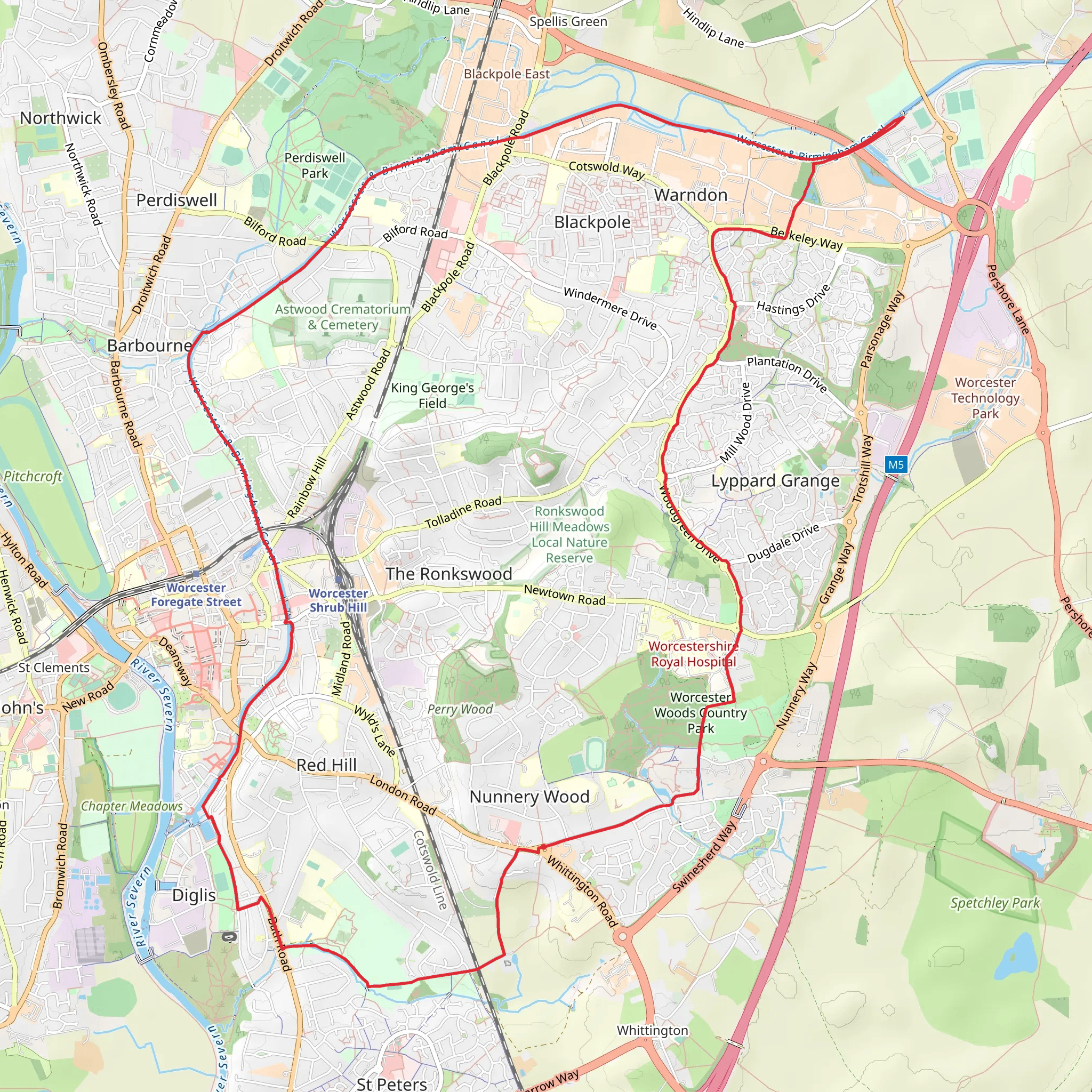 Worcester East Circular Walk mobile static map