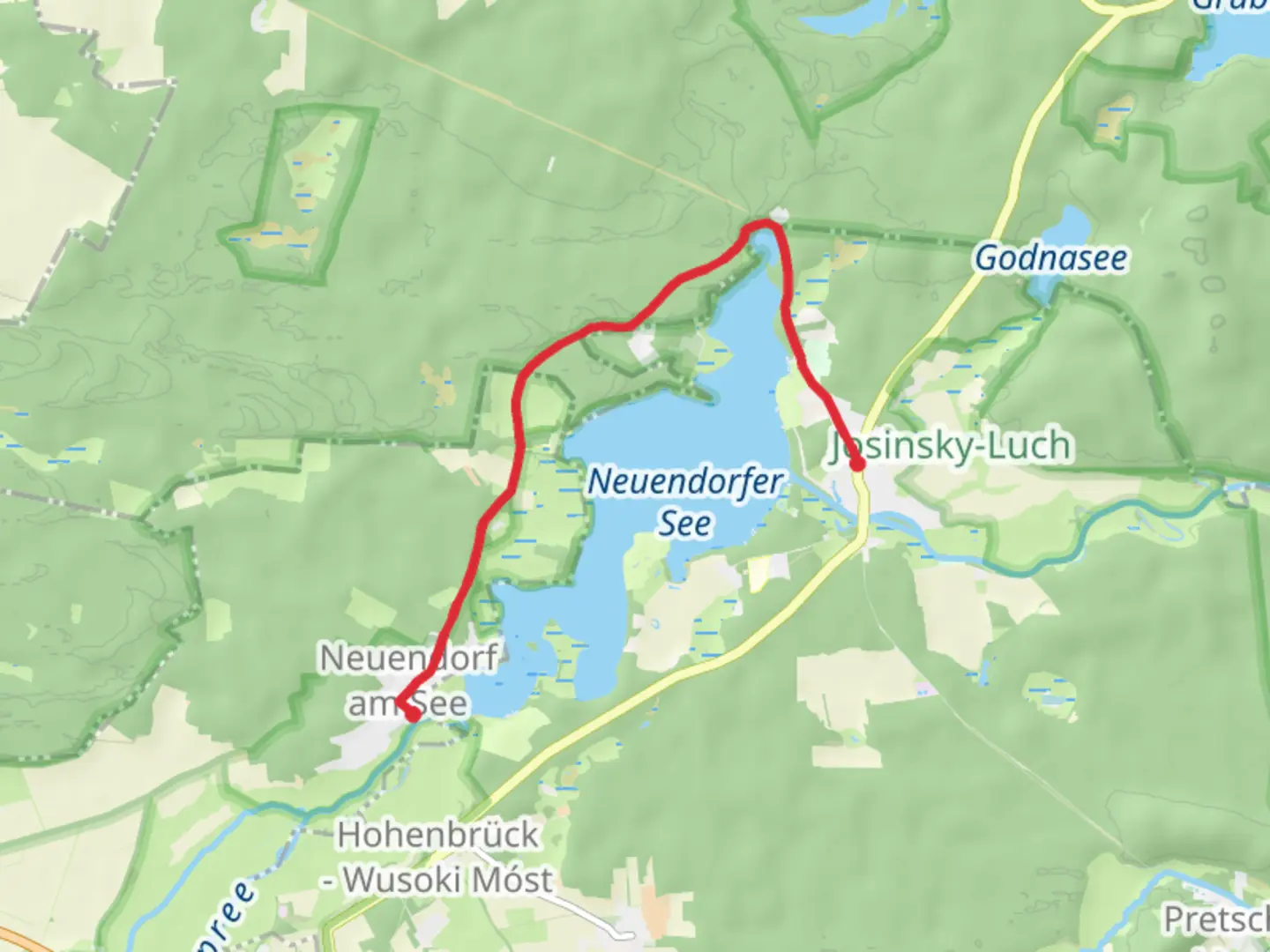 An image depicting the trail Neuendorf an See to Alt Schadow - Stary Skodow via Neuendorfer Strasse and its surrounding area.