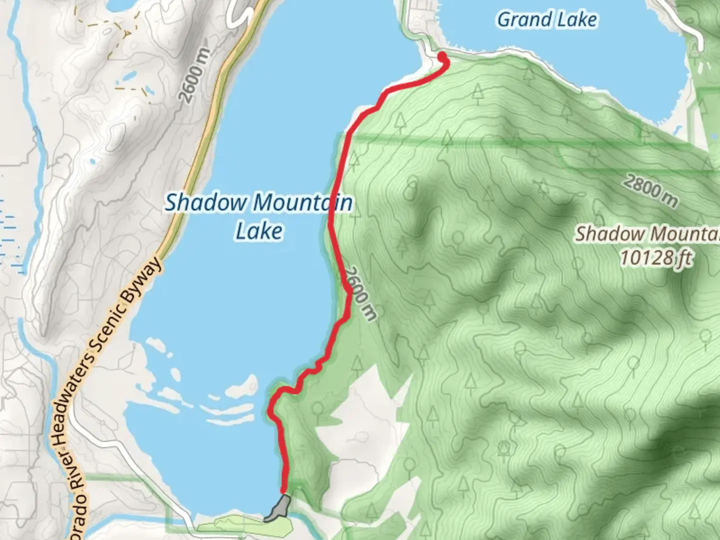An image depicting the trail Shadow Mountain Lake via East Shore Trail and its surrounding area.
