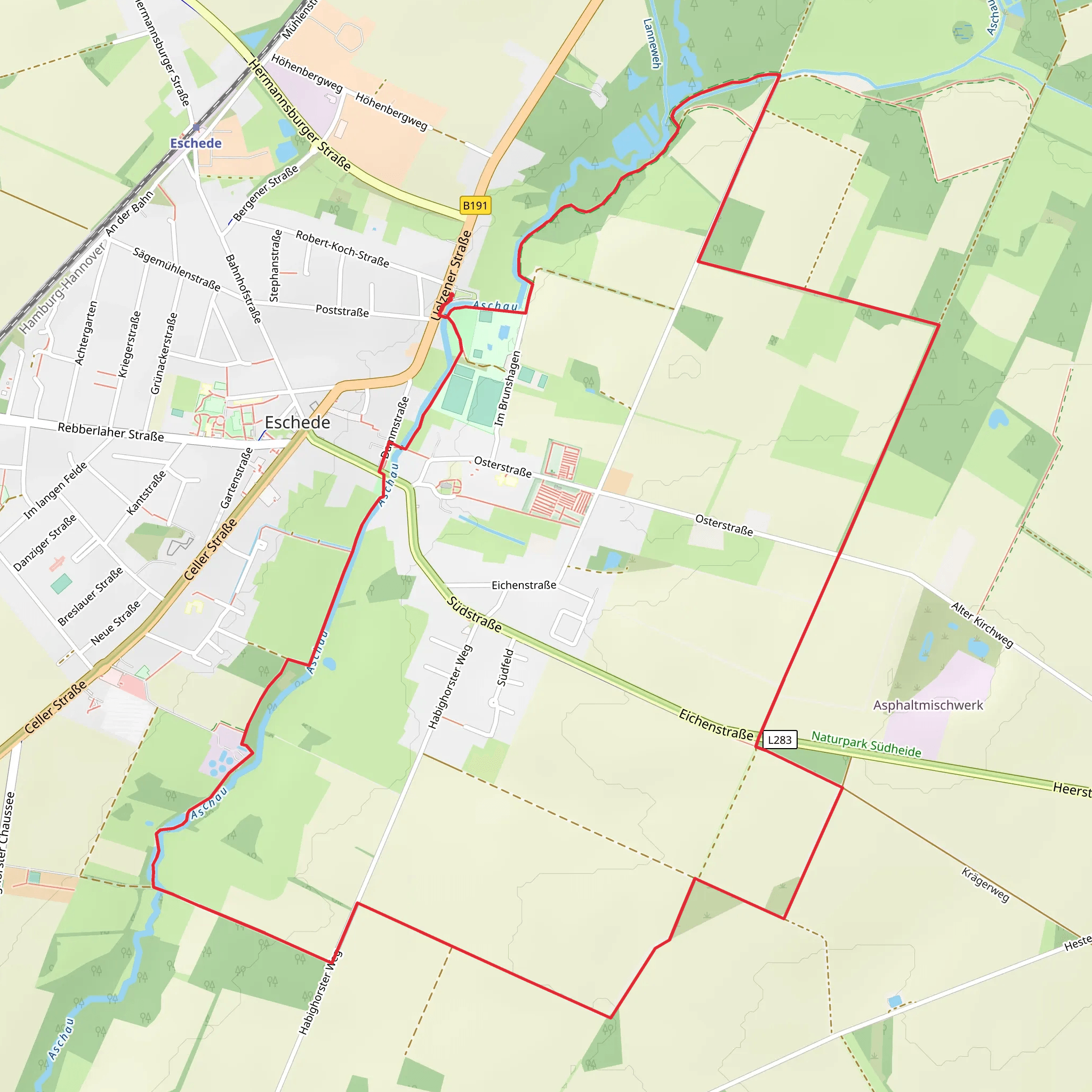 Aschau via Jakobusweg - Lueneburger Heide Path and Kraegerweg mobile static map