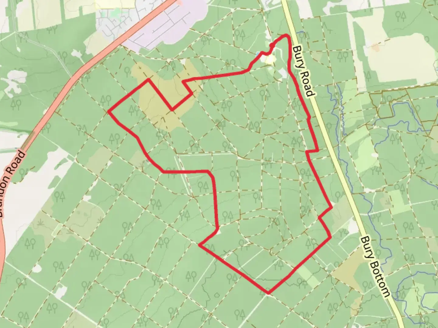 An image depicting the trail Brandon Heath and Elms Plantation via Firecrest Trail and its surrounding area.
