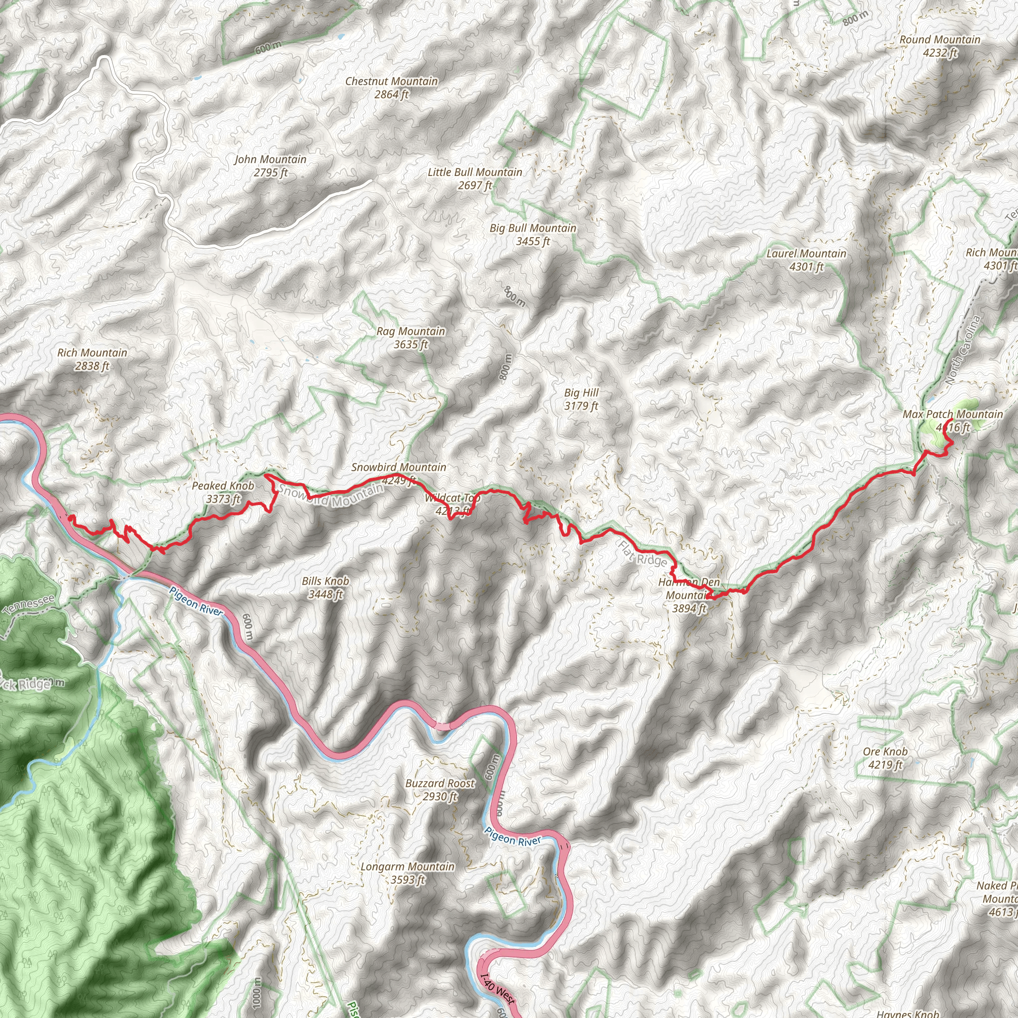 Max Patch Mountain, Wildcat Top and Snowbird Mountain via Appalachian Trail mobile static map
