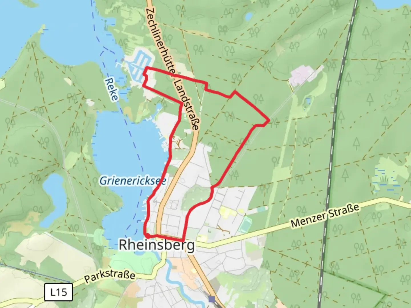 An image depicting the trail Grienericksee via Uferpromenade and its surrounding area.