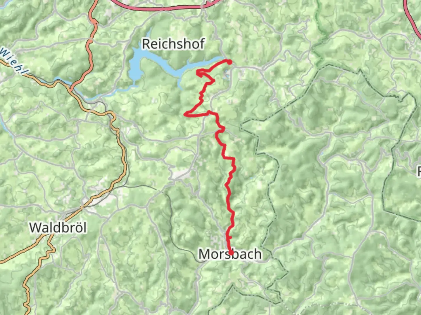 An image depicting the trail Nespen to Morsbach Walk via Wiehltalsperre and its surrounding area.