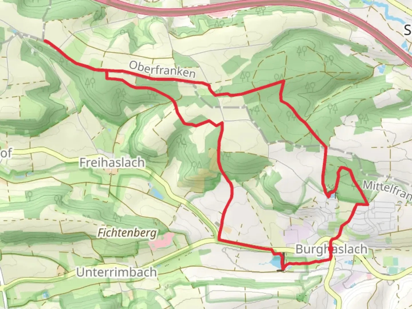 An image depicting the trail Fraenkischer Marienweg from Burghaslach and its surrounding area.
