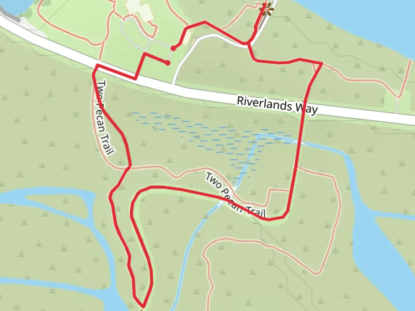 An image depicting the trail Riverlands Way Loop and its surrounding area.