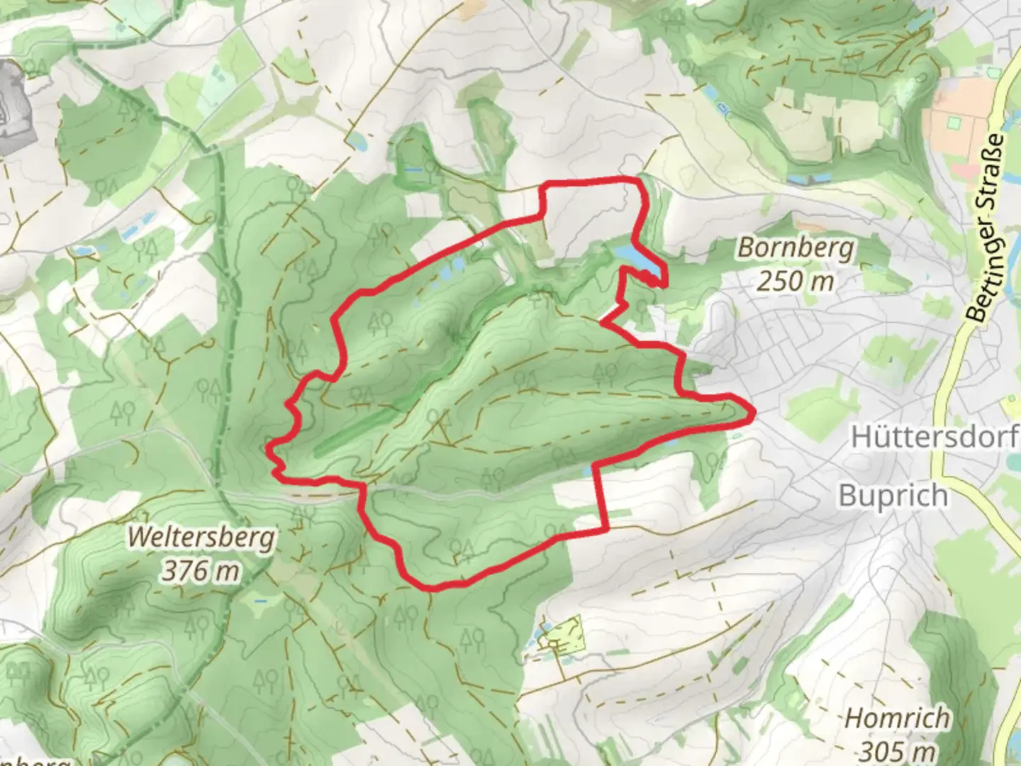 An image depicting the trail Engelgrundweiher via Hüttersdorfer Rundweg and its surrounding area.