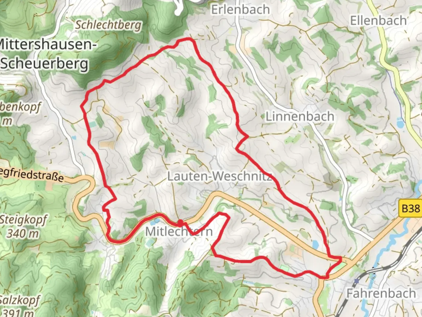 An image depicting the trail Laudenbacher Weg and Ober Ramstadt Wiesenbach Loop and its surrounding area.
