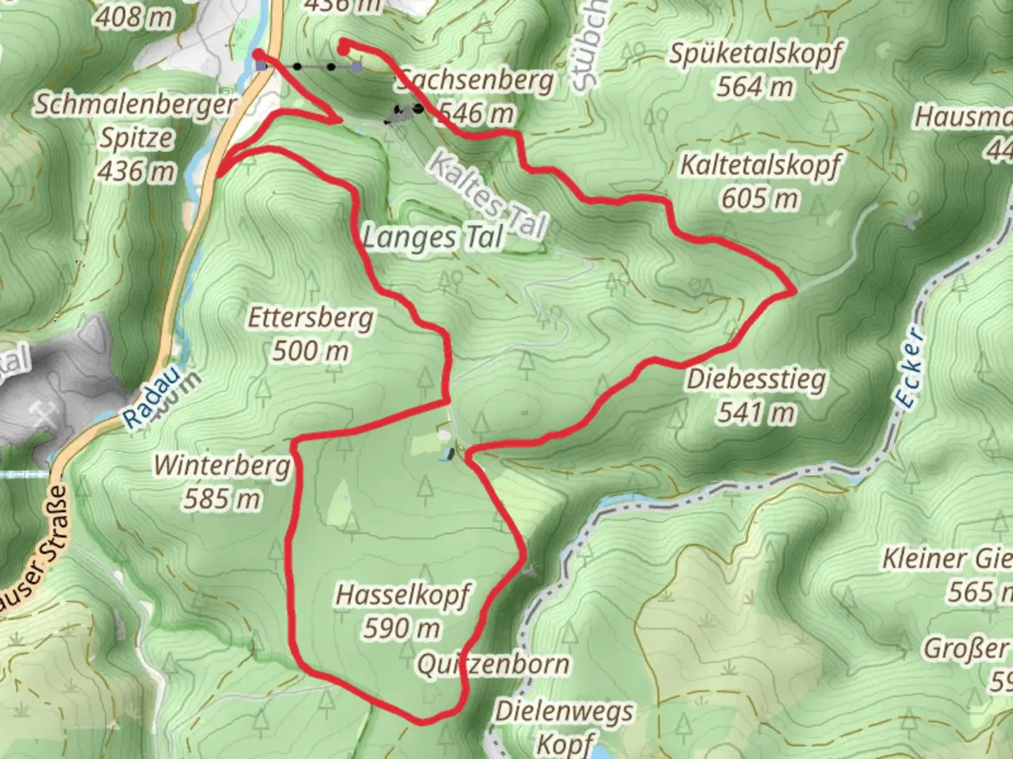 An image depicting the trail Kurpark to Harzburg Castle Walk via Hasselkopf and its surrounding area.
