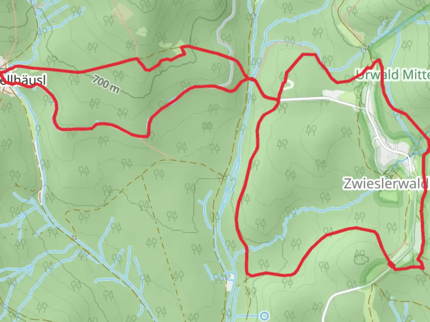 An image depicting the trail Schmalzbachwelle and Hanswatzlik Hain Loop via Schwarzstorch and Siebenschlaefer and its surrounding area.