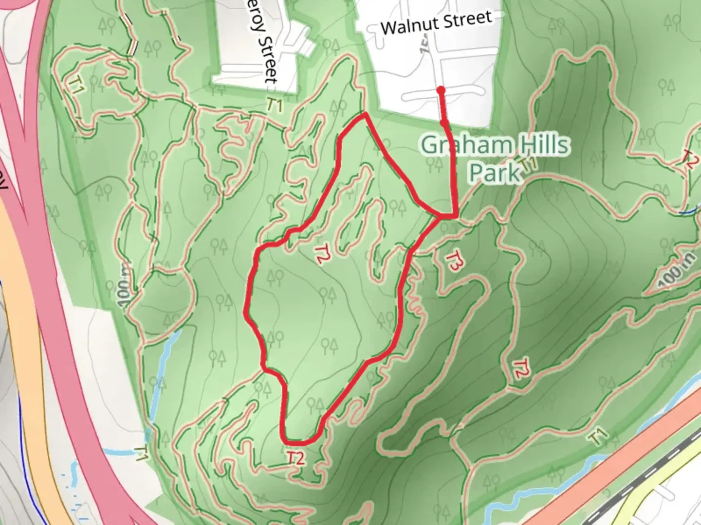 An image depicting the trail White Trail Loop from Chestnut Street and its surrounding area.