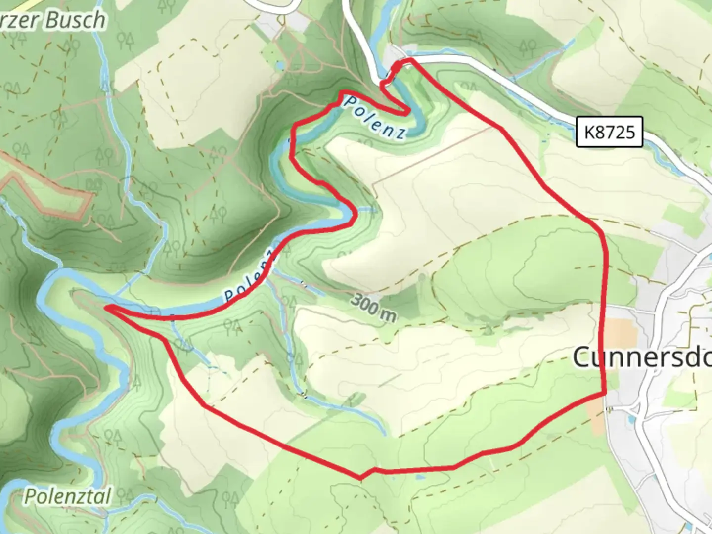 An image depicting the trail Marzenbecherwiese and Cunnersdorf Loop and its surrounding area.
