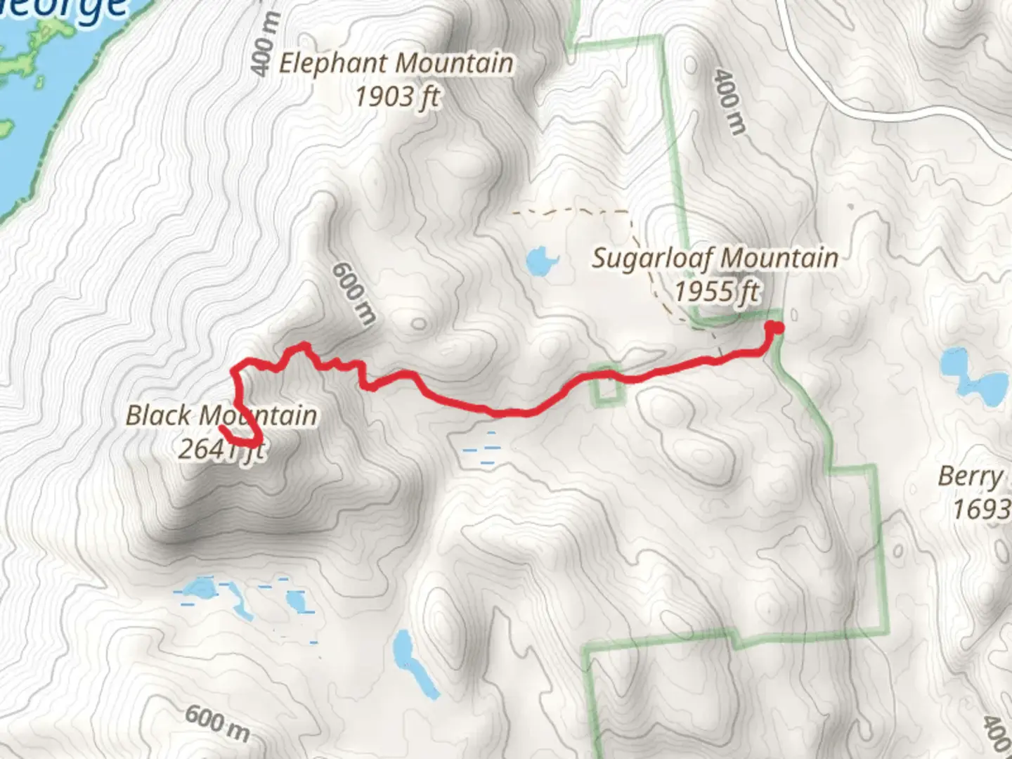 An image depicting the trail Black Mountain Trail via Pike Brook Road and its surrounding area.