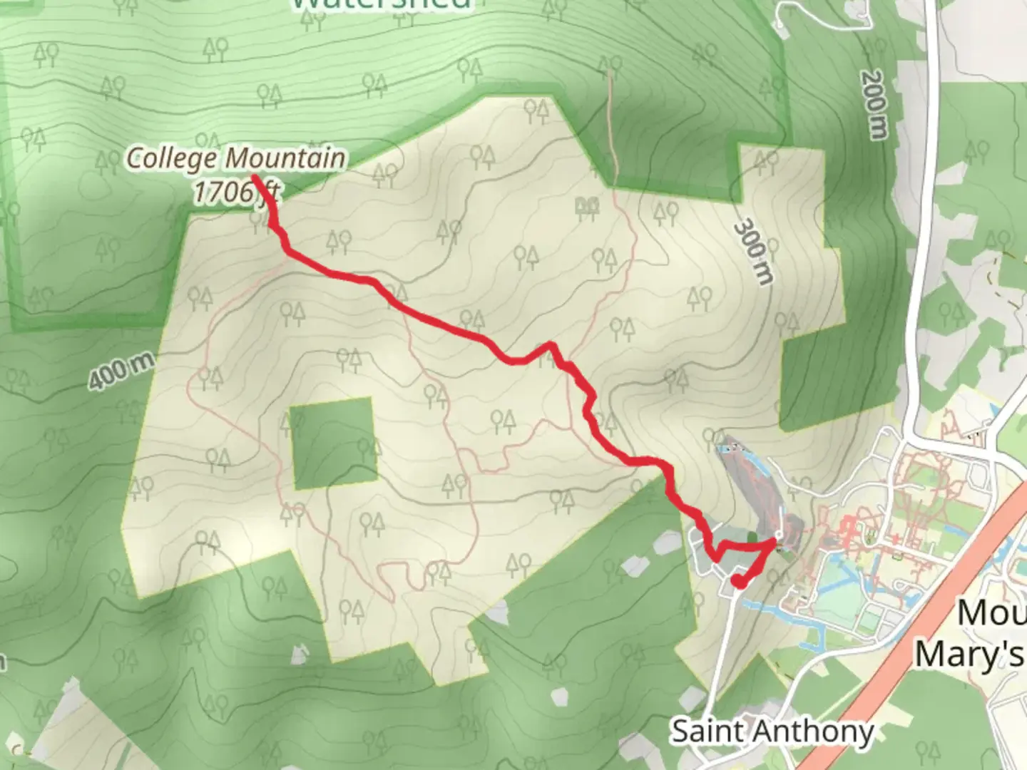 An image depicting the trail College Mountain via Mount Saint Mary's Cemetery and its surrounding area.