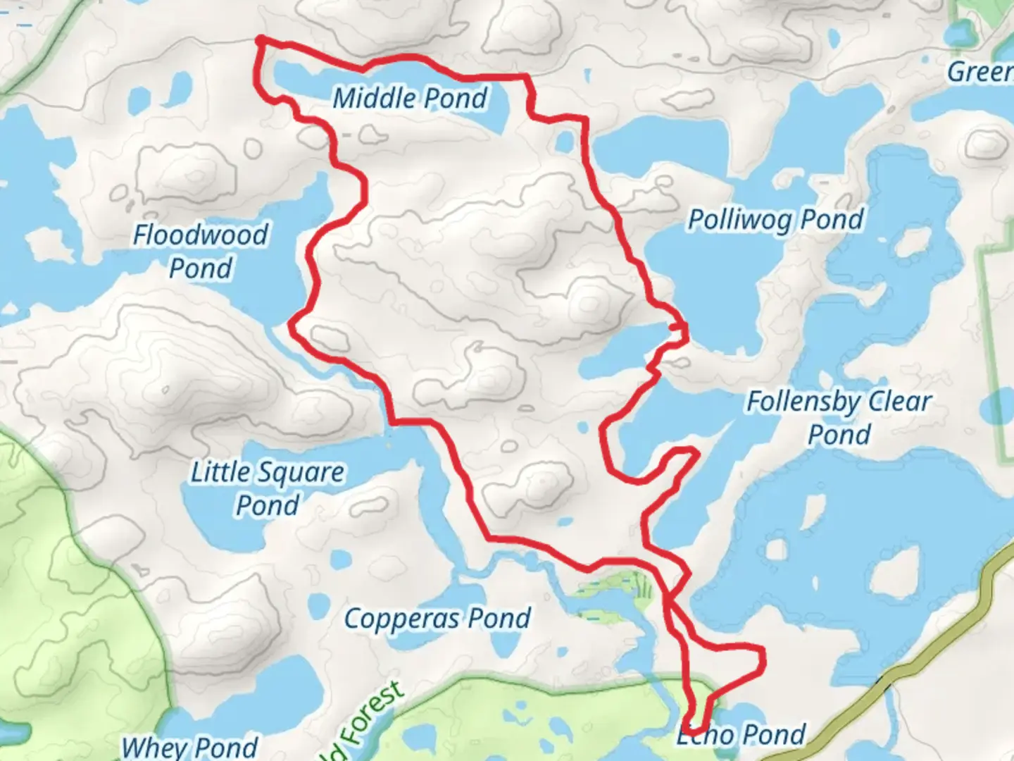 An image depicting the trail Middle Pond, Little Polliwog, Horseshoe and Floodwood Ponds Loop Trail and its surrounding area.