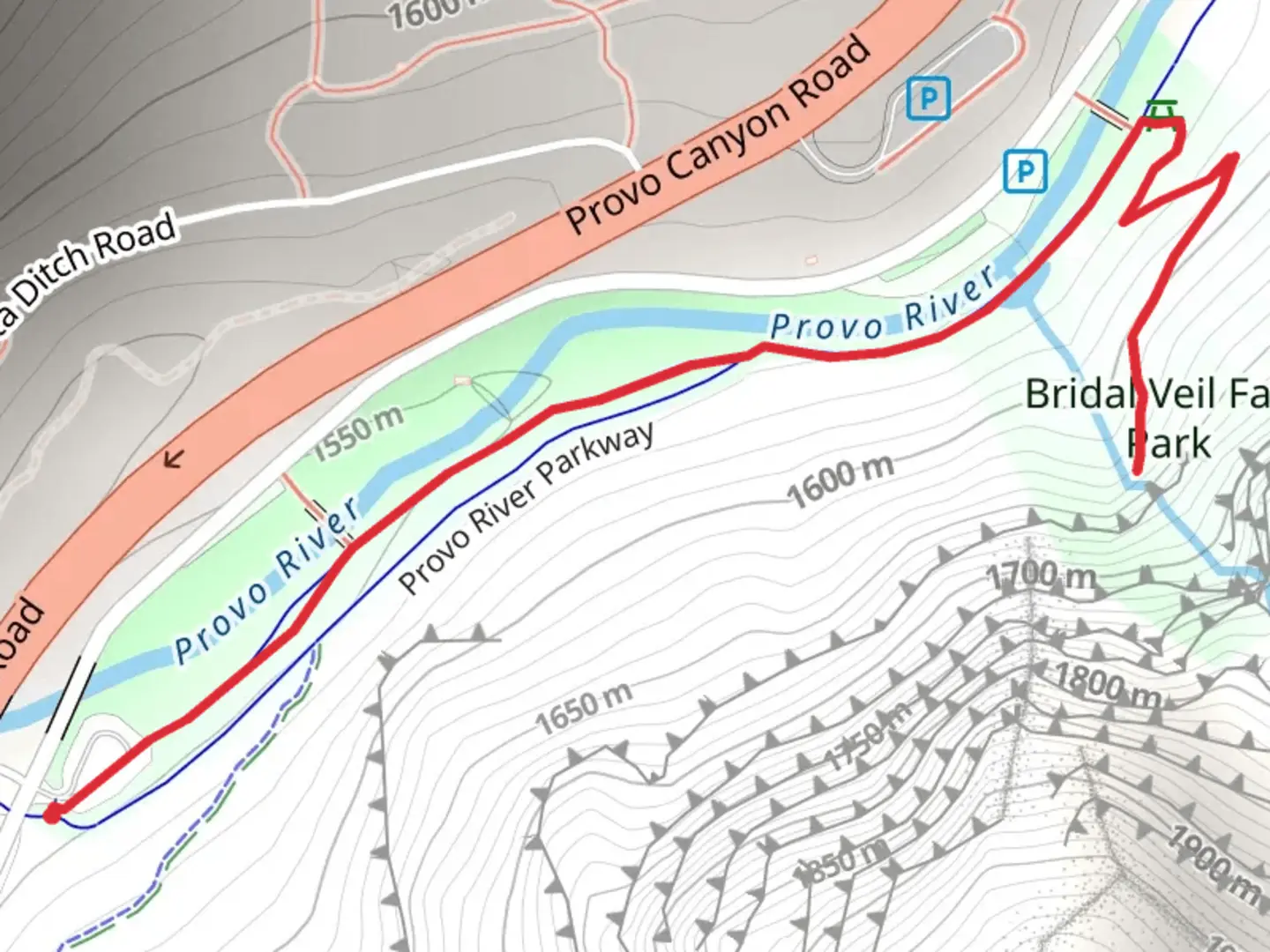 An image depicting the trail Bridal Veil Falls Park Walk and its surrounding area.