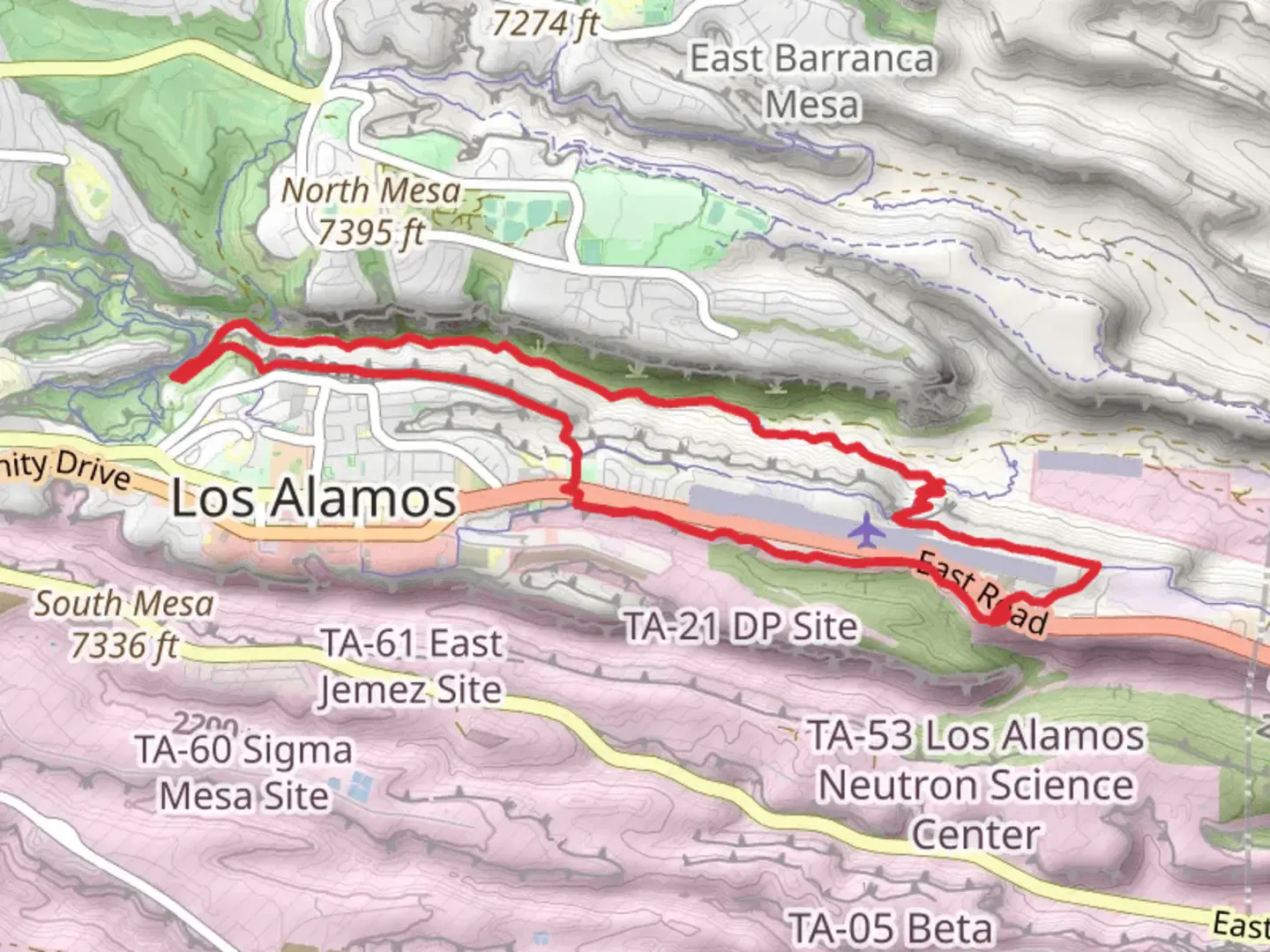 An image depicting the trail Canyon Rim, Pueblo Canyon and Zipline Loop Trail and its surrounding area.