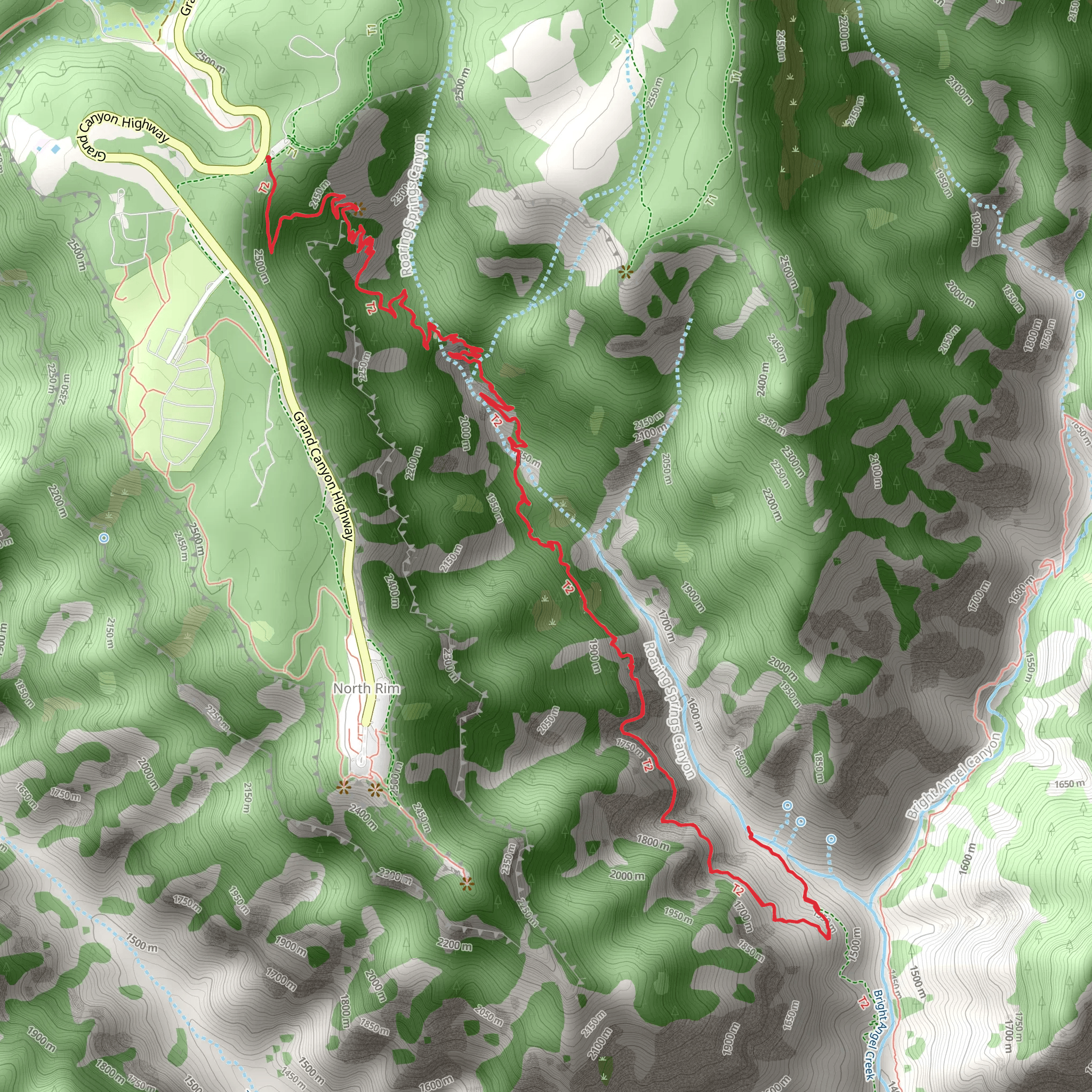 Roaring Springs Trail via North Kaibab Trail mobile static map