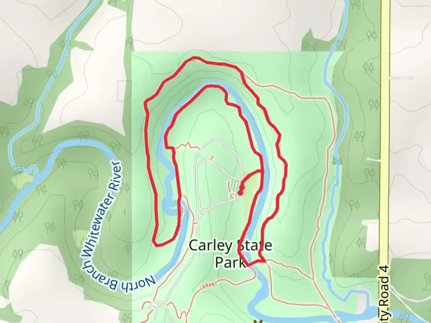 An image depicting the trail Caney State Park and North Branch Whitewater River Loop and its surrounding area.