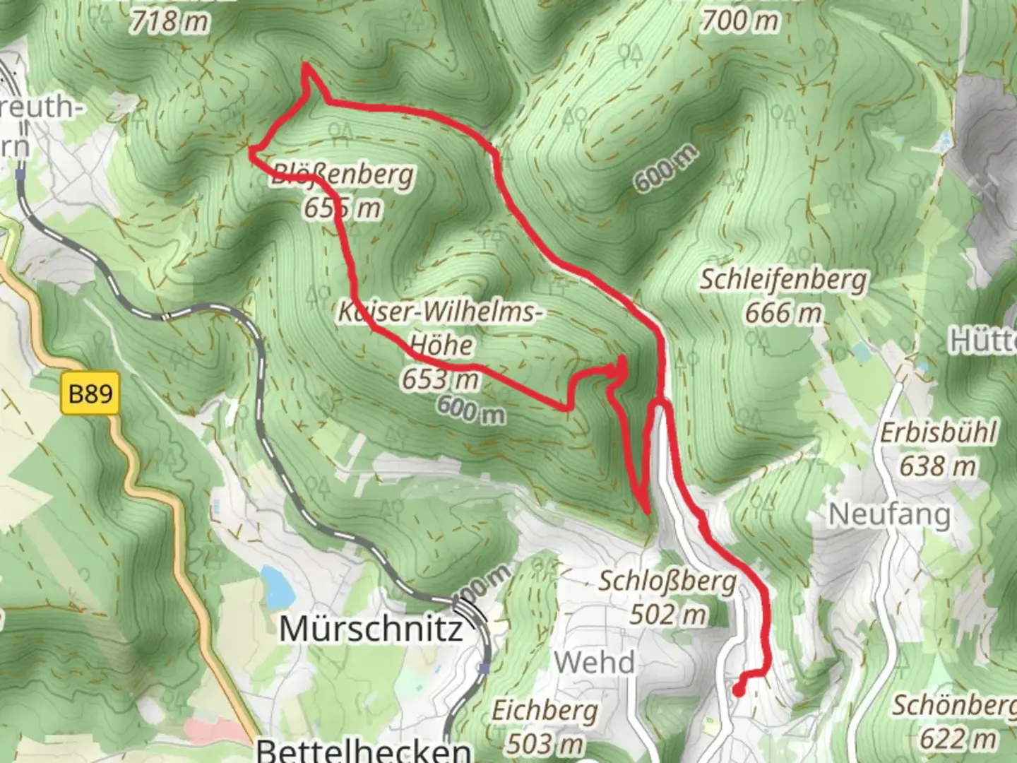 An image depicting the trail Blößenberg and Kaiser-Wilhelms Hoehe Loop and its surrounding area.