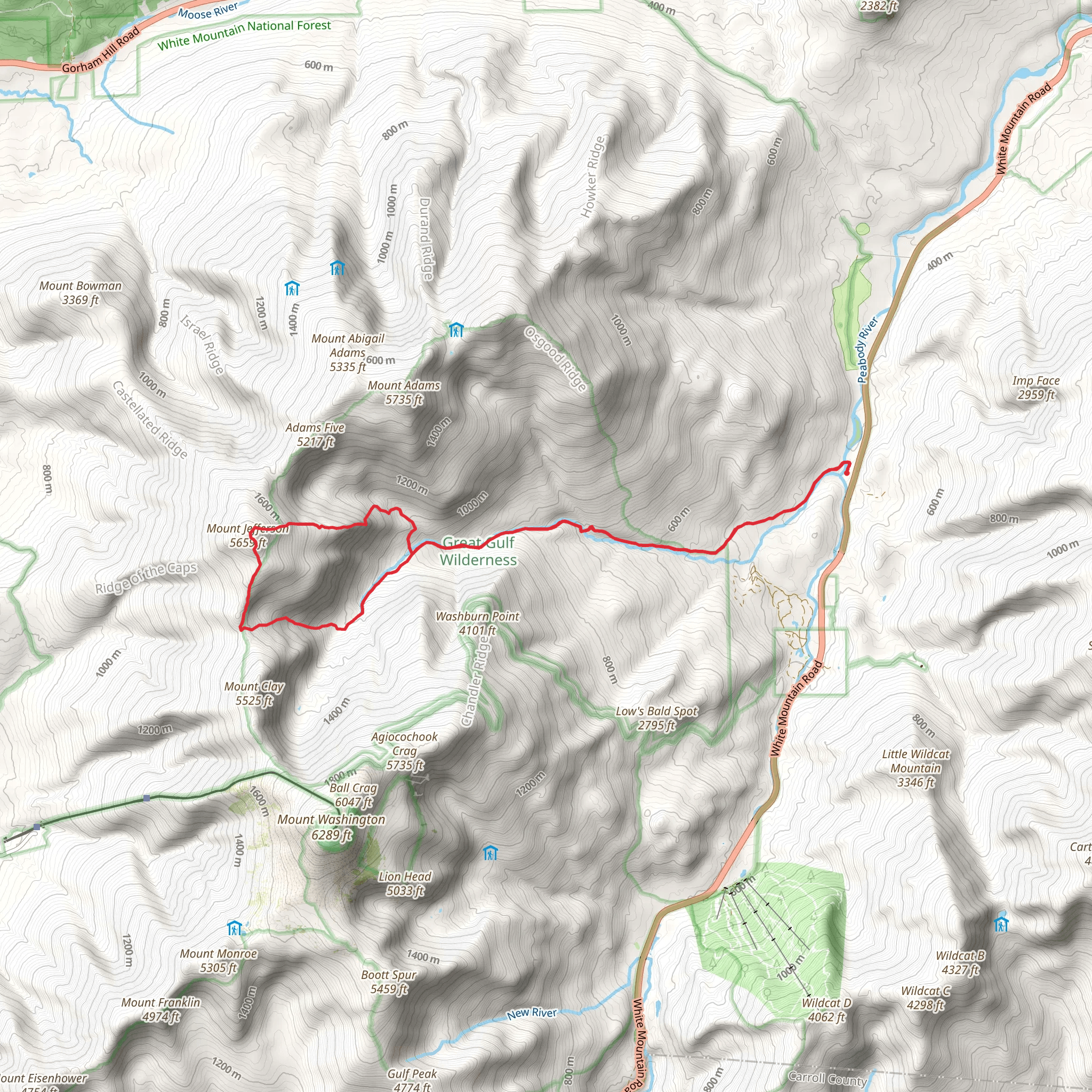 Six Husbands Trail, Mount Jefferson and Sphinx Trail Loop via Great Gulf Trail mobile static map