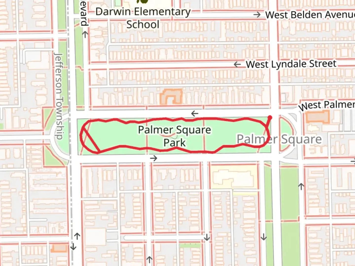 An image depicting the trail Palmer Sqaure Park Loop and its surrounding area.