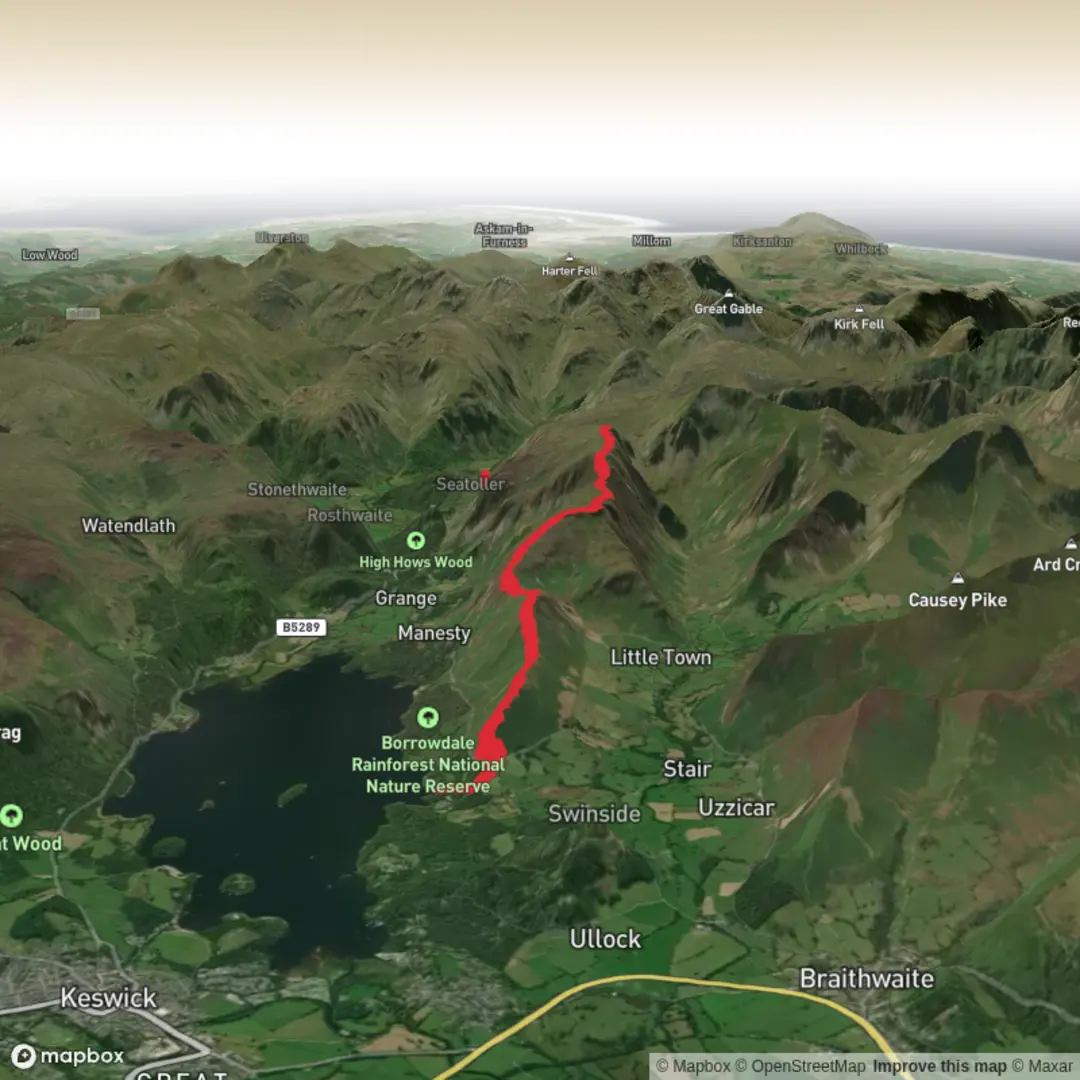 An image depicting the trail Hause End to Seatoller Via Cat bells and High Spy - Upper Limits UK and its surrounding area.