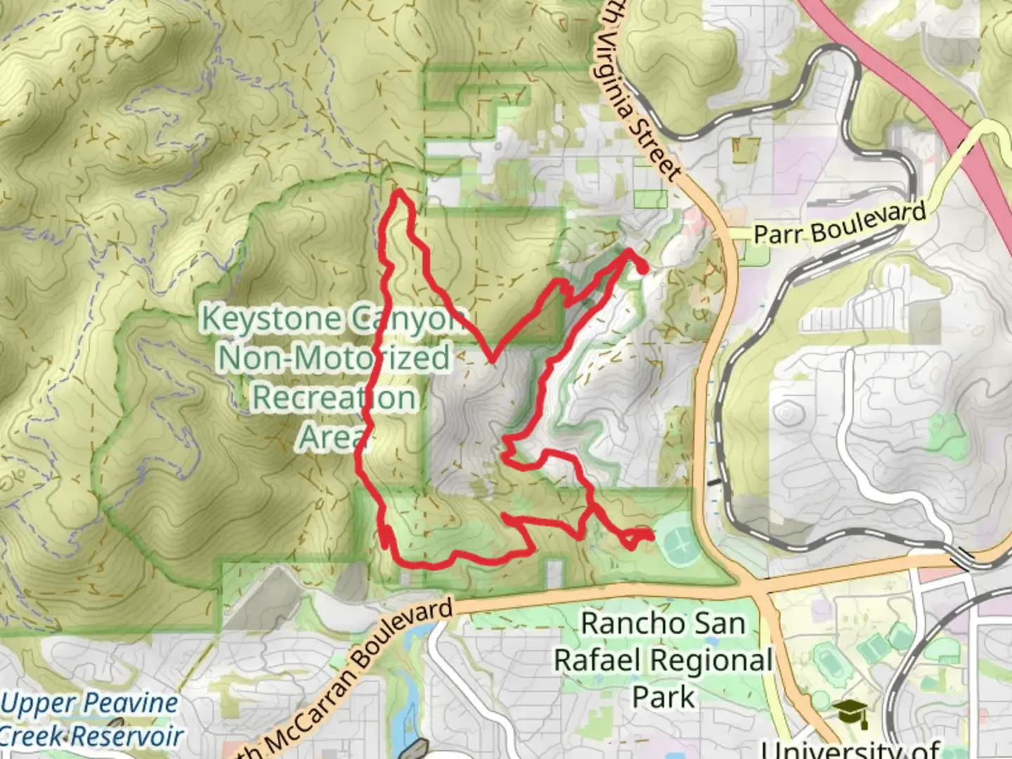 An image depicting the trail Miners Trail and Rancho Connector Loop and its surrounding area.