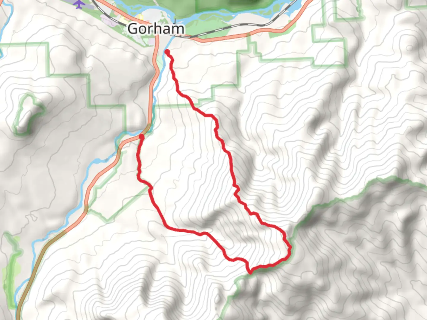 An image depicting the trail Mount Surprise, Mount Moriah and Stony Brook Trail via Gorham and its surrounding area.