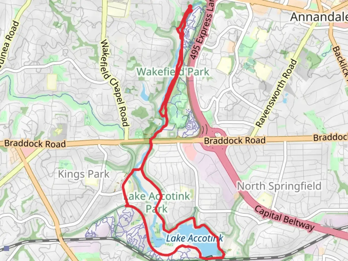 An image depicting the trail Cross Country and Lake Accotink Loop Trail and its surrounding area.