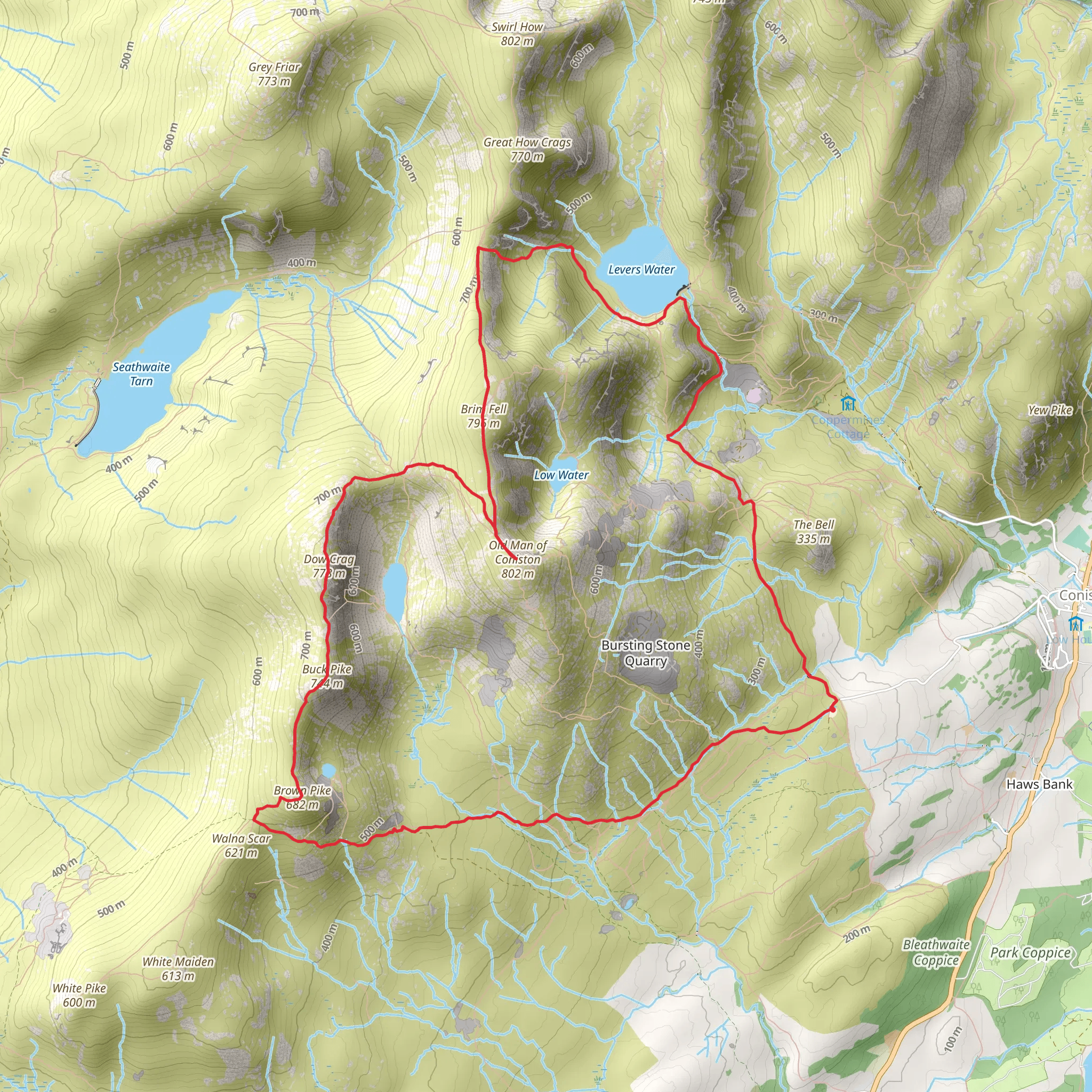 Buck Pike, Dow Crag, Old Man of Coniston, Brim Fell and Levers Water Loop mobile static map