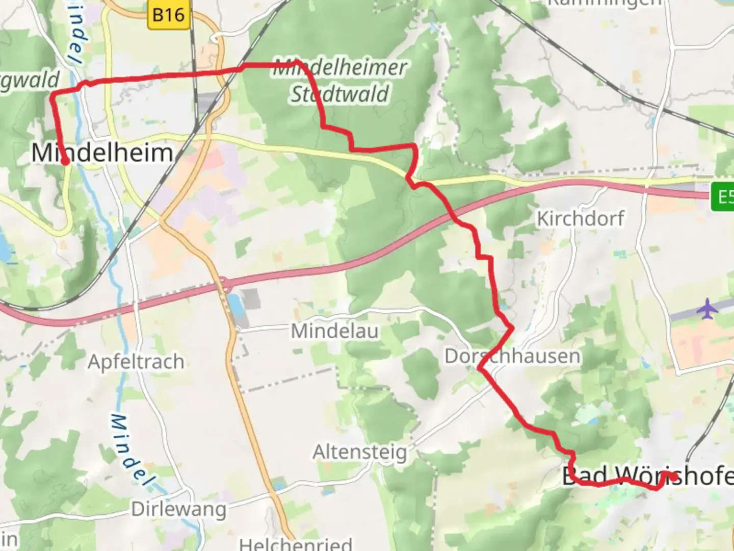 An image depicting the trail Baf Worishofen to Mindelheim Walk and its surrounding area.