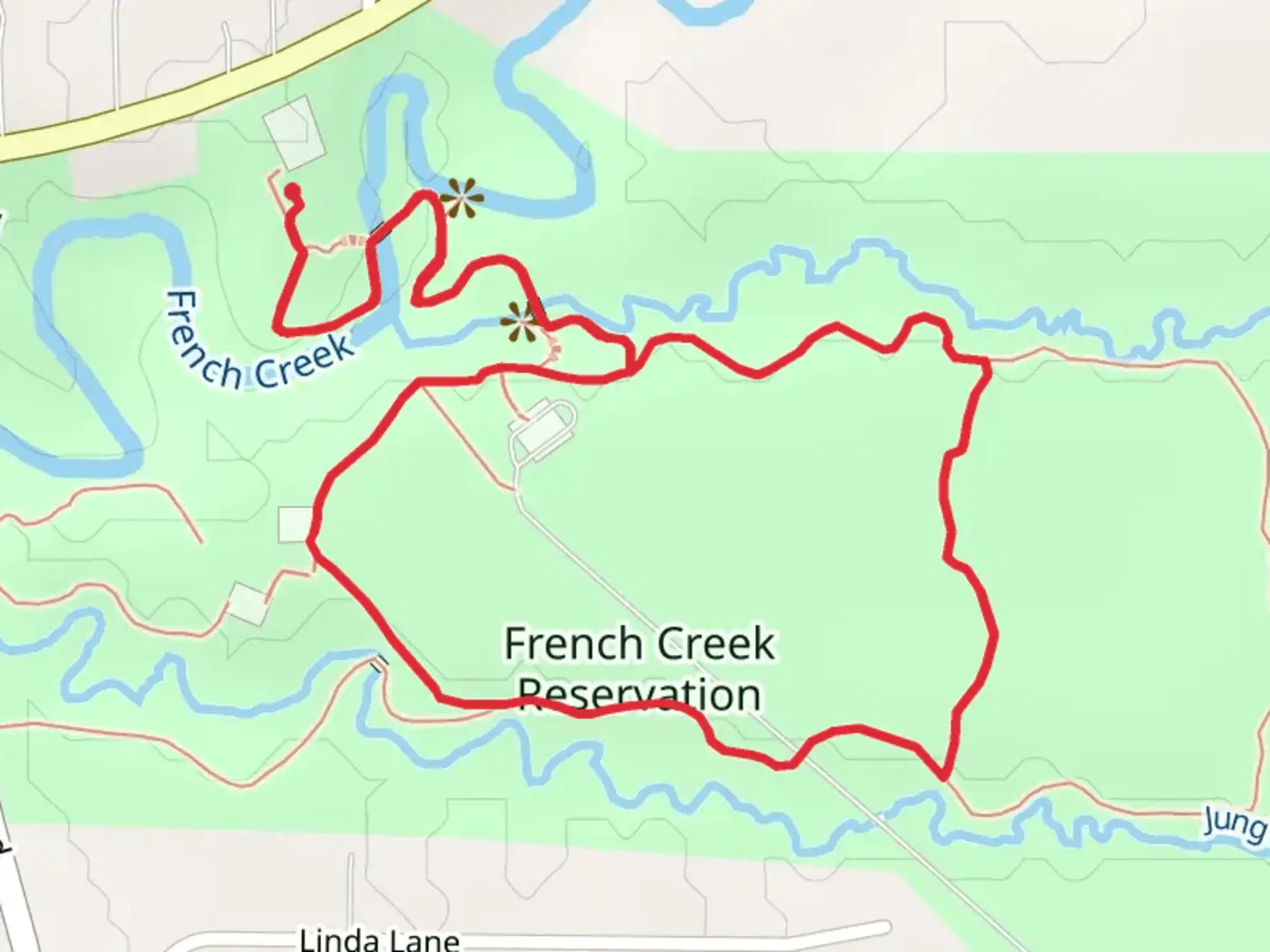 An image depicting the trail Nature Center and Big Woods Loop Trail and its surrounding area.